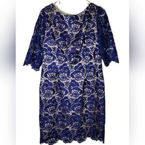 Eliza J Blue Lace Cocktail Sheath Knee Length Half Sleeve Navy Blue Dress Sz 14